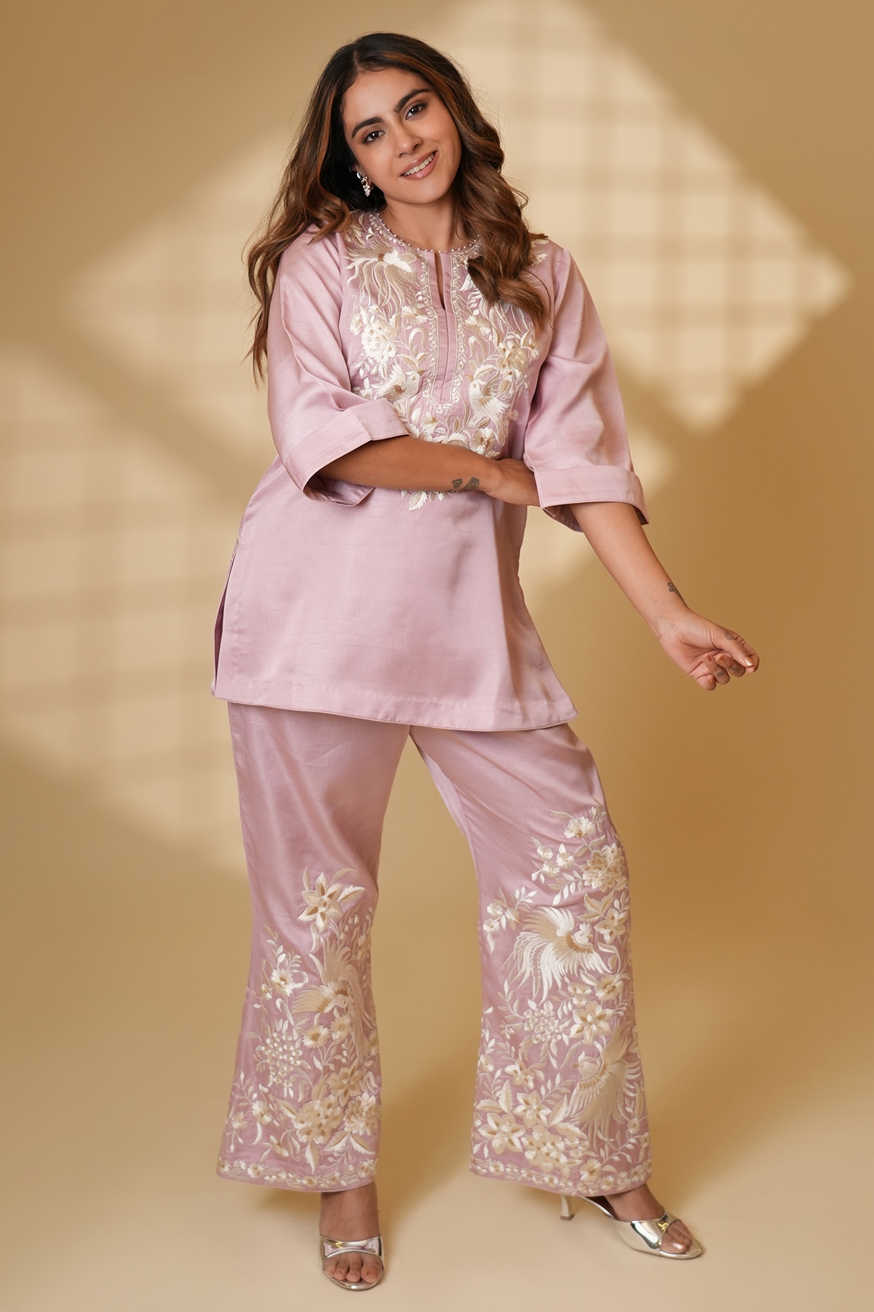 Ashtar Blush Pink Pure Silk Parsi Gara Embroidered Kurta Set