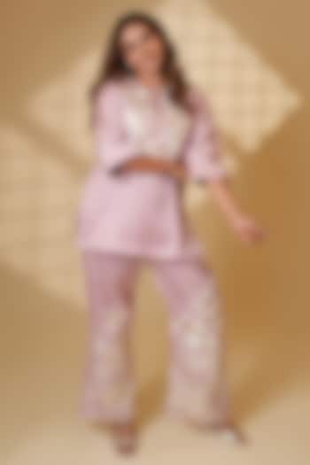 Blush Pink Pure Silk Parsi Gara Embroidered Kurta Set by Ashtar at Pernia's Pop Up Shop