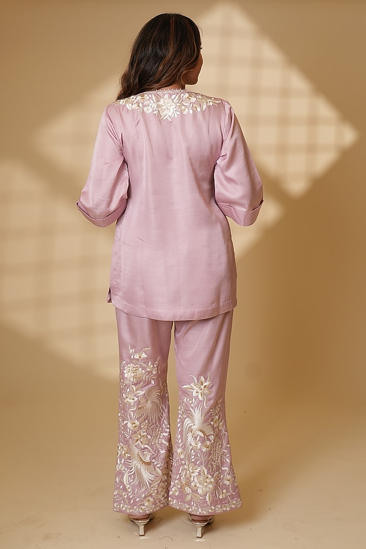 Blush Pink Pure Silk Parsi Gara Embroidered Kurta Set by Ashtar at Pernia's Pop Up Shop