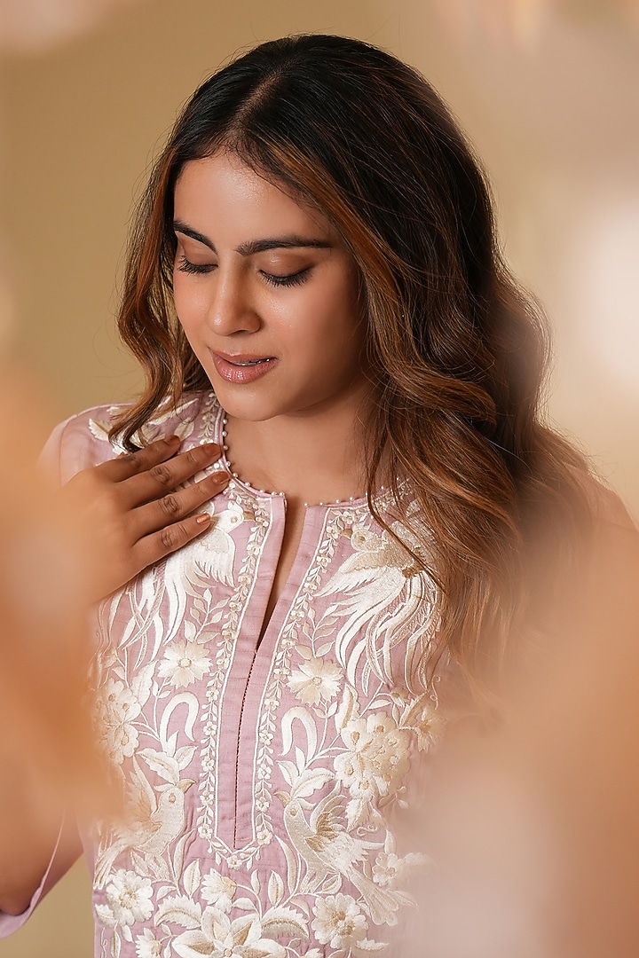 Blush Pink Pure Silk Parsi Gara Embroidered Kurta Set by Ashtar at Pernia's Pop Up Shop
