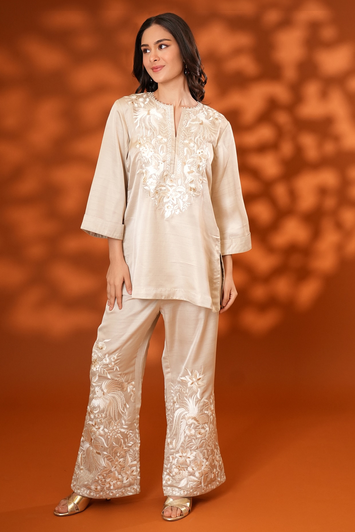 Ashtar Beige Pure Silk Parsi Gara Embroidered Kurta Set