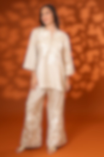 Beige Pure Silk Parsi Gara Embroidered Kurta Set by Ashtar at Pernia's Pop Up Shop