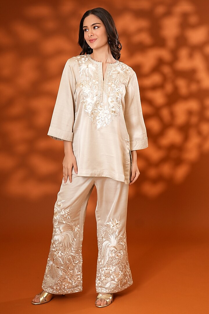 Beige Pure Silk Parsi Gara Embroidered Kurta Set by Ashtar at Pernia's Pop Up Shop