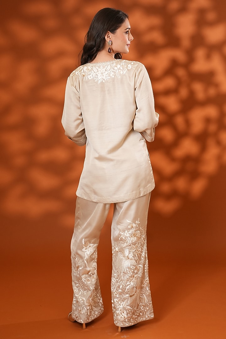 Beige Pure Silk Parsi Gara Embroidered Kurta Set by Ashtar at Pernia's Pop Up Shop