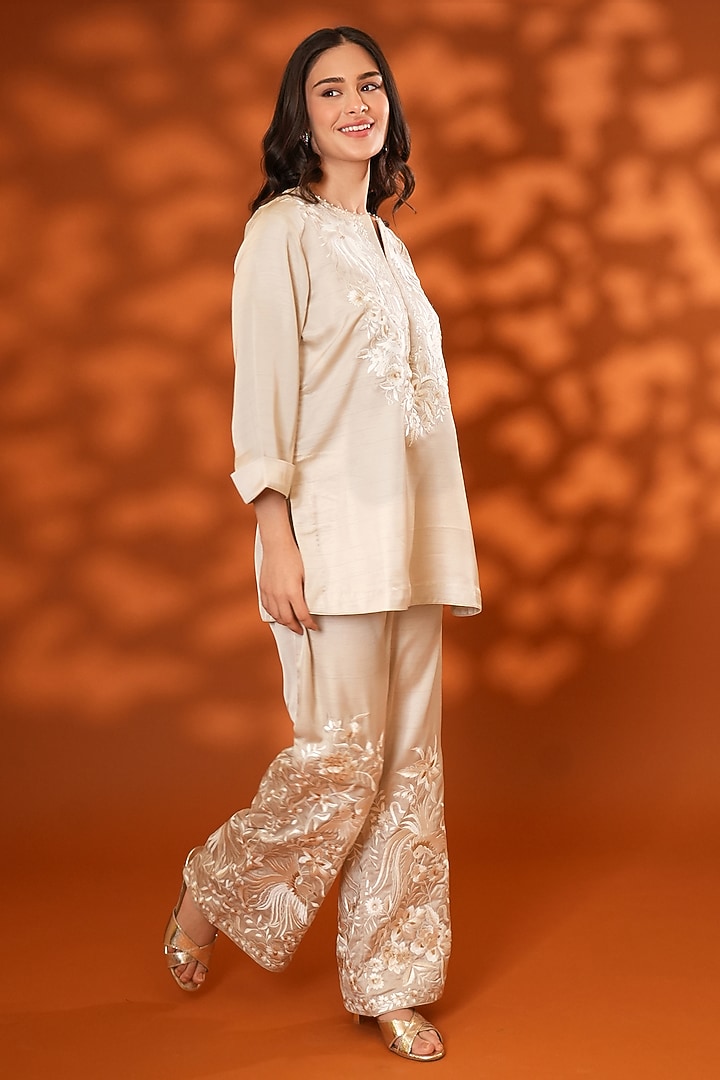 Beige Pure Silk Parsi Gara Embroidered Kurta Set by Ashtar at Pernia's Pop Up Shop