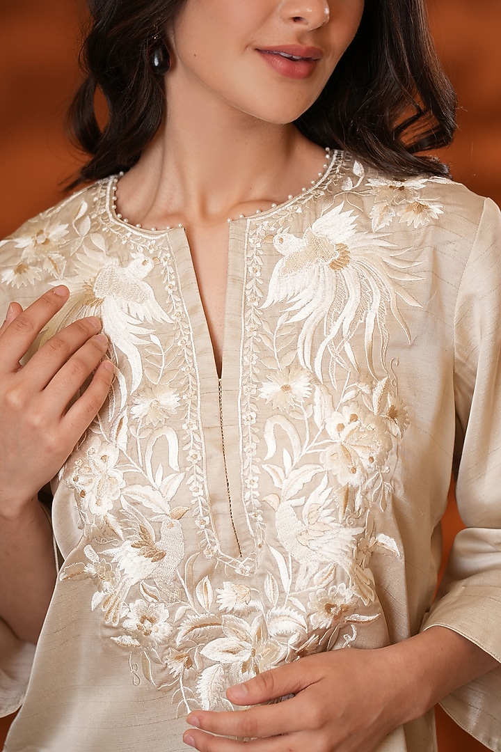 Beige Pure Silk Parsi Gara Embroidered Kurta Set by Ashtar at Pernia's Pop Up Shop