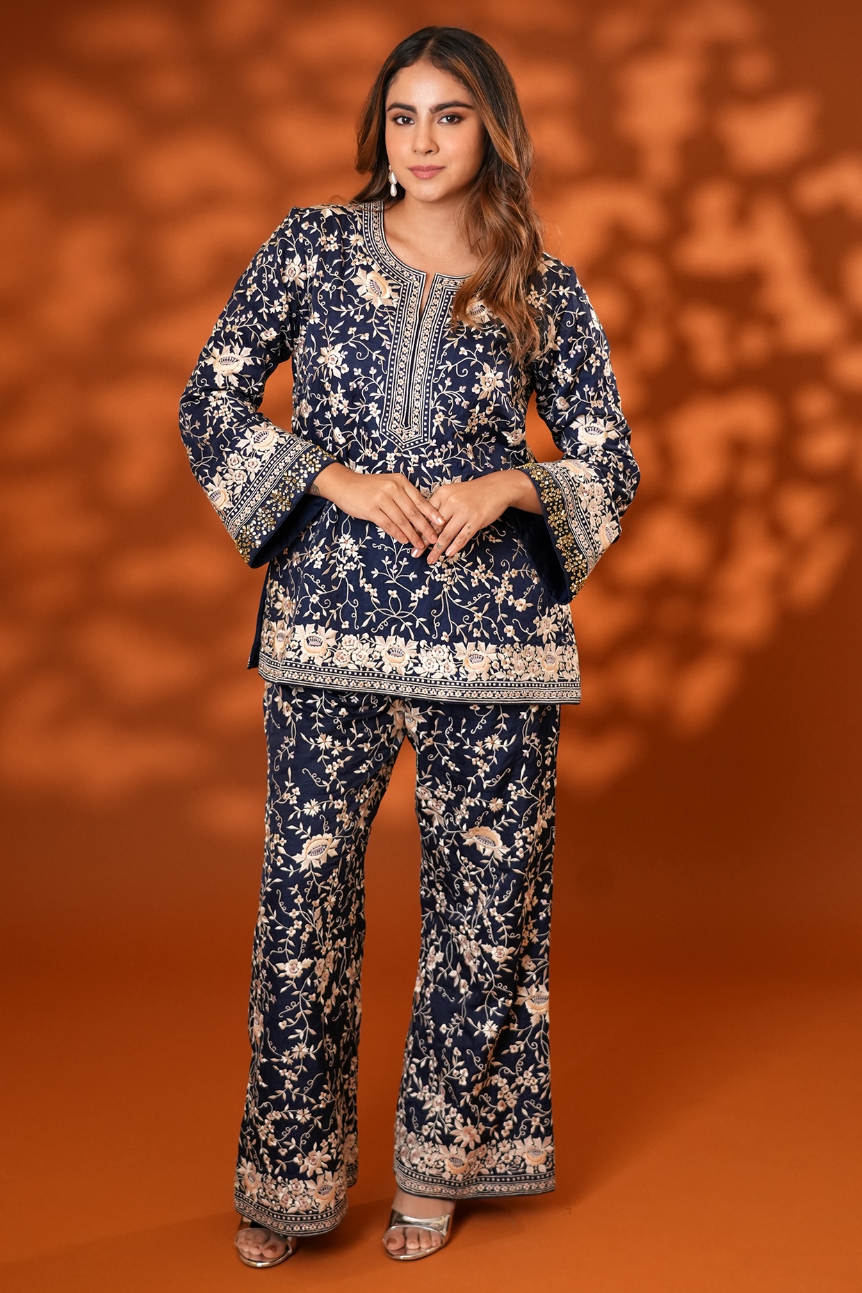 Ashtar Midnight Blue Pure Silk Kundan Hand Embroidered Kurta Set