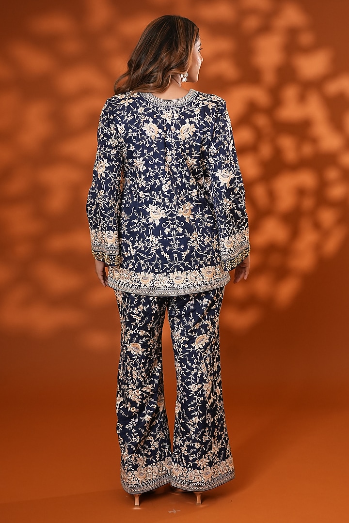 Midnight Blue Pure Silk Kundan Hand Embroidered Kurta Set by Ashtar at Pernia's Pop Up Shop