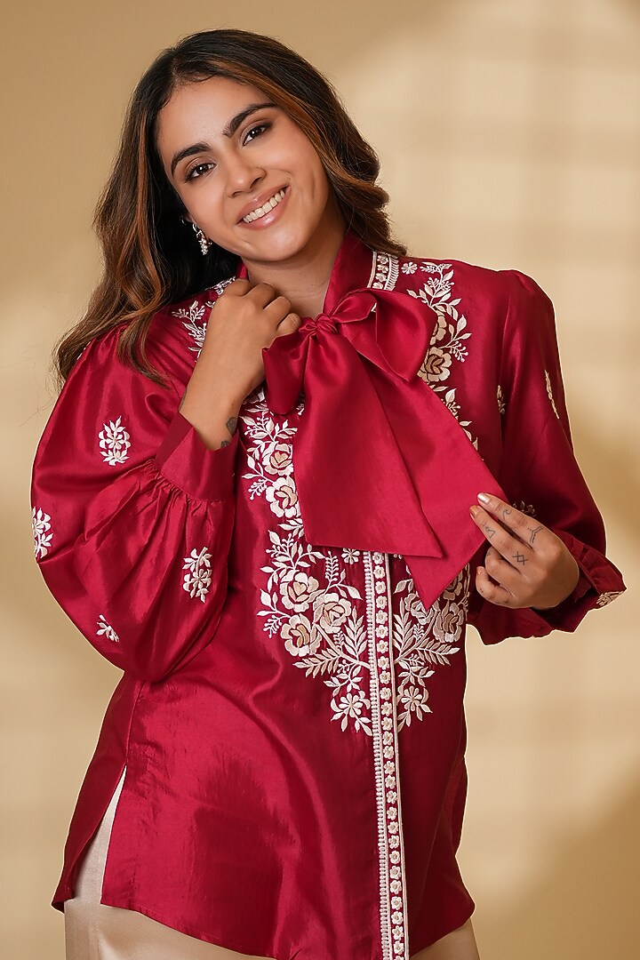 Rouge-Colored Pure Silk Parsi Gara Embroidered Top by Ashtar at Pernia's Pop Up Shop