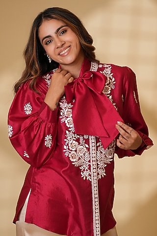 Rouge-Colored Pure Silk Parsi Gara Embroidered Top by Ashtar