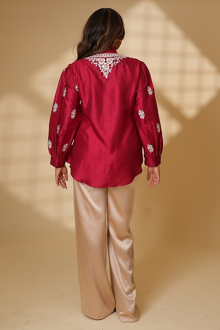 Rouge-Colored Pure Silk Parsi Gara Embroidered Top by Ashtar at Pernia's Pop Up Shop