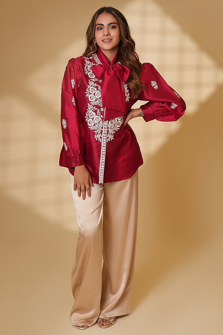 Rouge-Colored Pure Silk Parsi Gara Embroidered Top by Ashtar at Pernia's Pop Up Shop