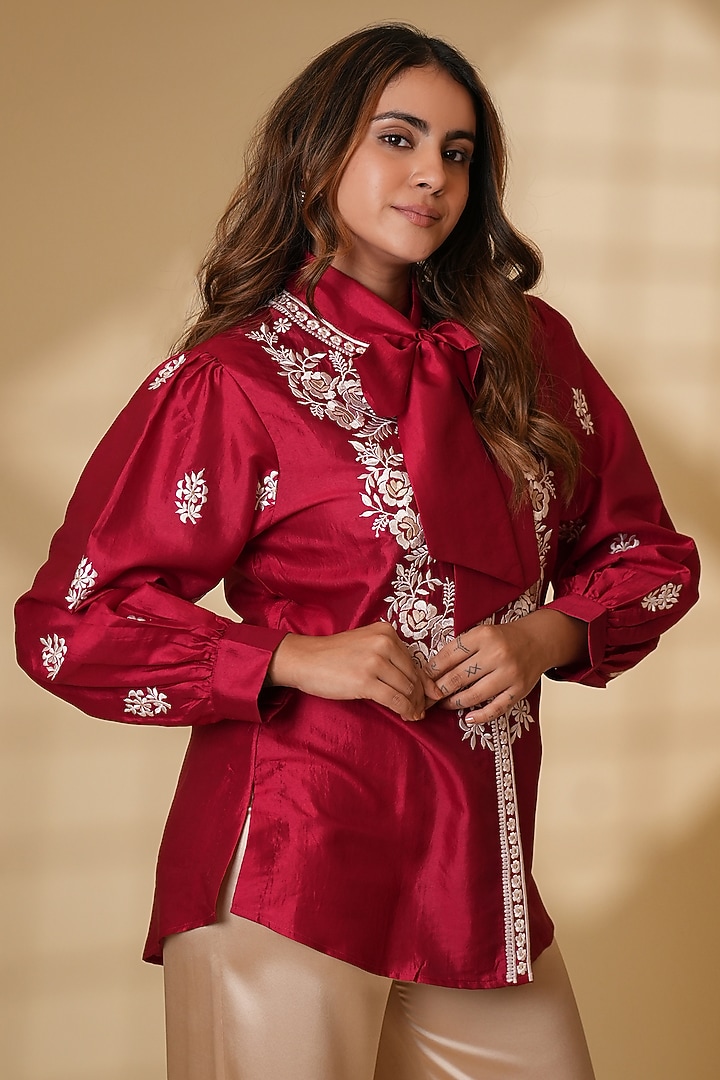 Rouge-Colored Pure Silk Parsi Gara Embroidered Top by Ashtar at Pernia's Pop Up Shop