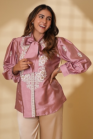 Blush Pink Pure Silk Parsi Gara Embroidered Top by Ashtar