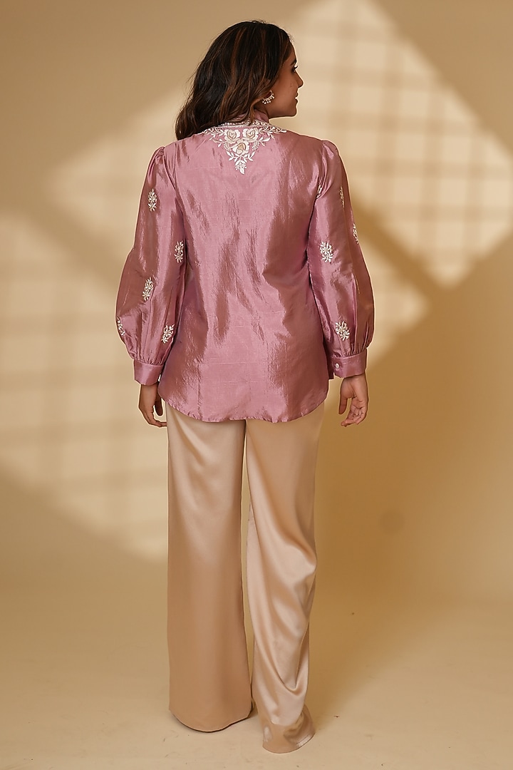 Blush Pink Pure Silk Parsi Gara Embroidered Top by Ashtar at Pernia's Pop Up Shop