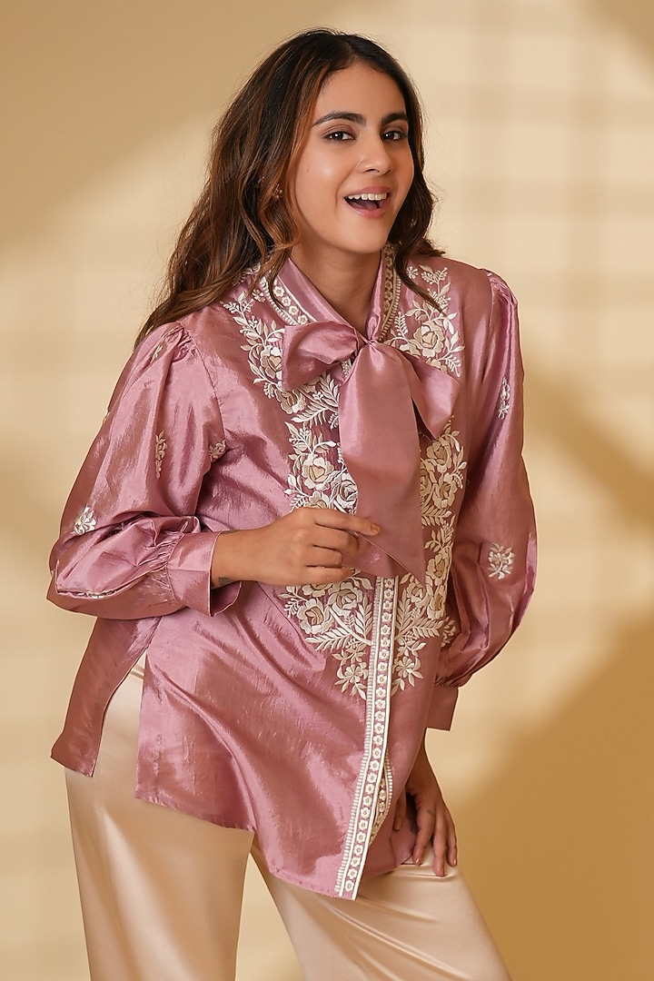 Blush Pink Pure Silk Parsi Gara Embroidered Top by Ashtar at Pernia's Pop Up Shop