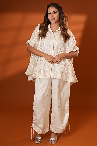 Ivory Pure Silk Embroidered Co-Ord Set by Ashtar