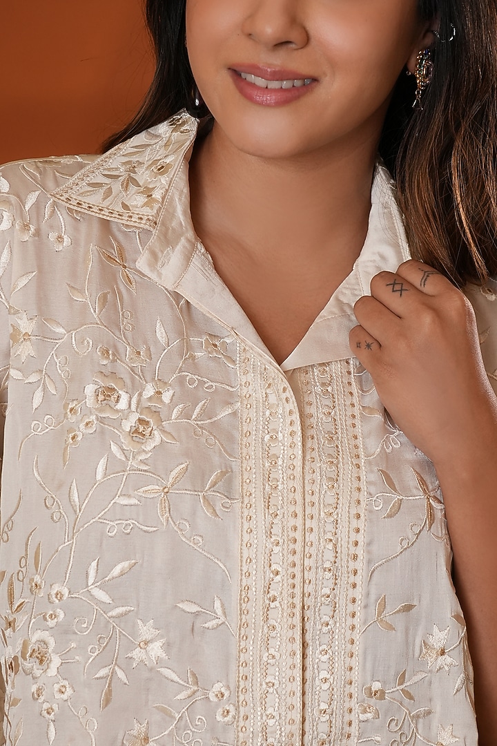 Ivory Pure Silk Embroidered Co-Ord Set by Ashtar at Pernia's Pop Up Shop