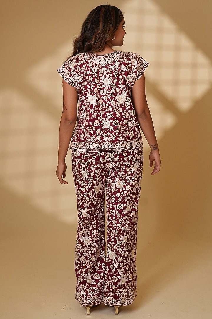 Bengal Rouge Pure Silk Floral Embroidered Co-Ord Set by Ashtar at Pernia's Pop Up Shop