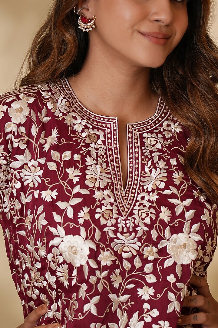 Bengal Rouge Pure Silk Floral Embroidered Co-Ord Set by Ashtar at Pernia's Pop Up Shop