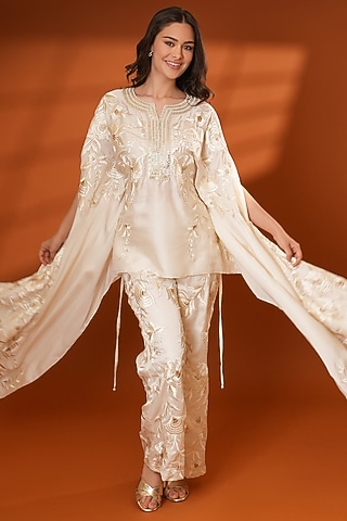 Ivory Pure Silk Hand Embroidered Kaftan Set by Ashtar
