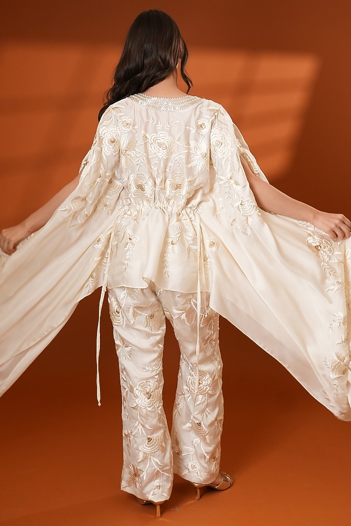 Ivory Pure Silk Hand Embroidered Kaftan Set by Ashtar at Pernia's Pop Up Shop