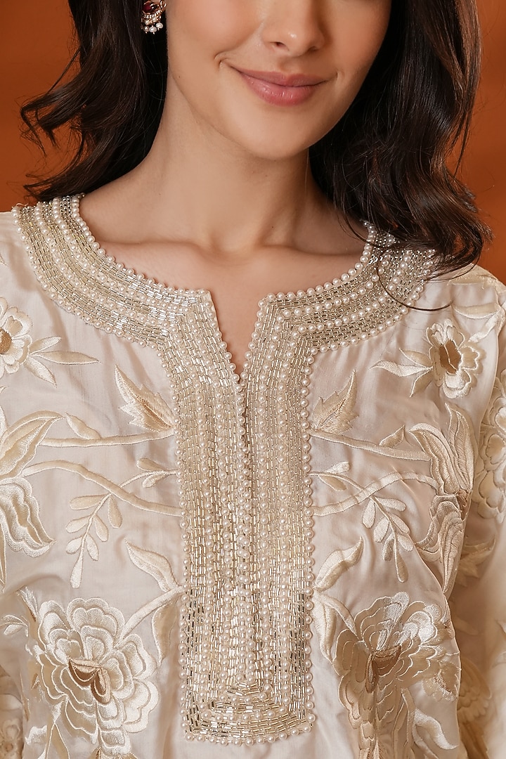 Ivory Pure Silk Hand Embroidered Kaftan Set by Ashtar at Pernia's Pop Up Shop