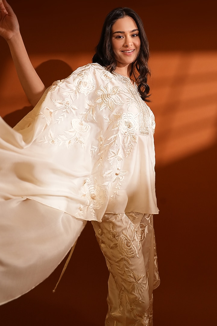 Ivory Pure Silk Hand Embroidered Kaftan Set by Ashtar at Pernia's Pop Up Shop