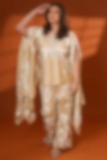 Beige Pure Silk Hand Embroidered Kaftan Set by Ashtar at Pernia's Pop Up Shop