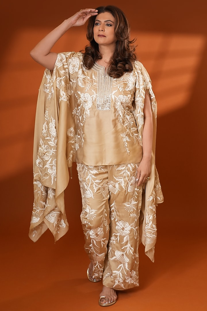 Beige Pure Silk Hand Embroidered Kaftan Set by Ashtar at Pernia's Pop Up Shop