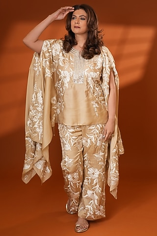 Beige Pure Silk Hand Embroidered Kaftan Set by Ashtar