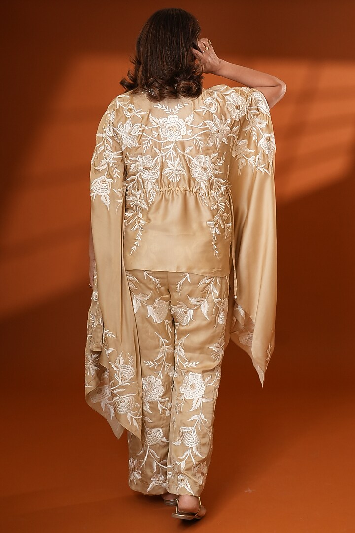 Beige Pure Silk Hand Embroidered Kaftan Set by Ashtar at Pernia's Pop Up Shop