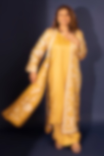 Marigold Dupion Silk Parsi Gara Embroidered Cape Set by Ashtar at Pernia's Pop Up Shop