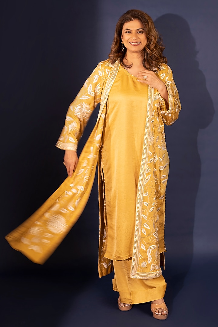 Marigold Dupion Silk Parsi Gara Embroidered Cape Set by Ashtar at Pernia's Pop Up Shop