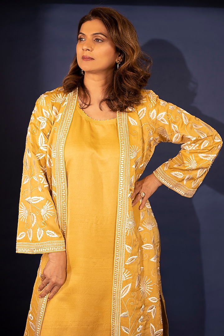 Marigold Dupion Silk Parsi Gara Embroidered Cape Set by Ashtar at Pernia's Pop Up Shop