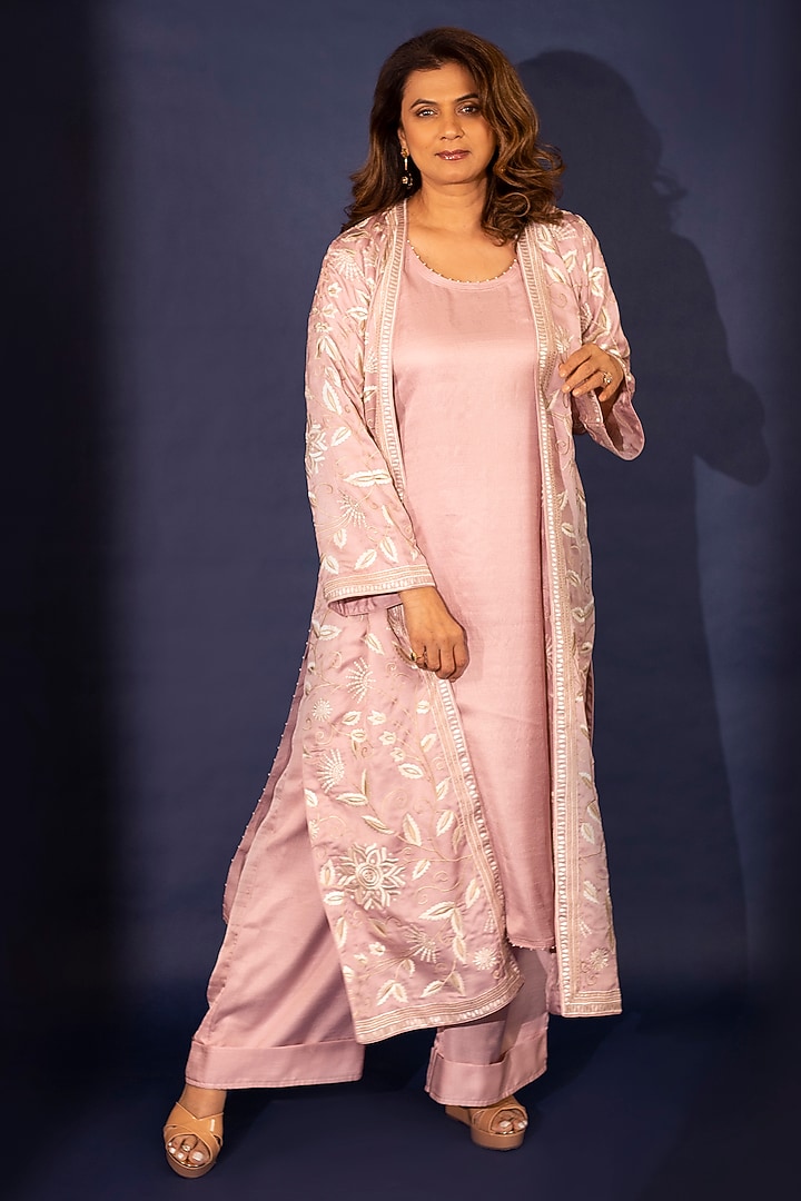 Rosewood Dupion Silk Parsi Gara Embroidered Cape Set by Ashtar at Pernia's Pop Up Shop