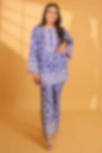 Iris Blue Crepe Silk Floral Embroidered Co-Ord Set by Ashtar at Pernia's Pop Up Shop
