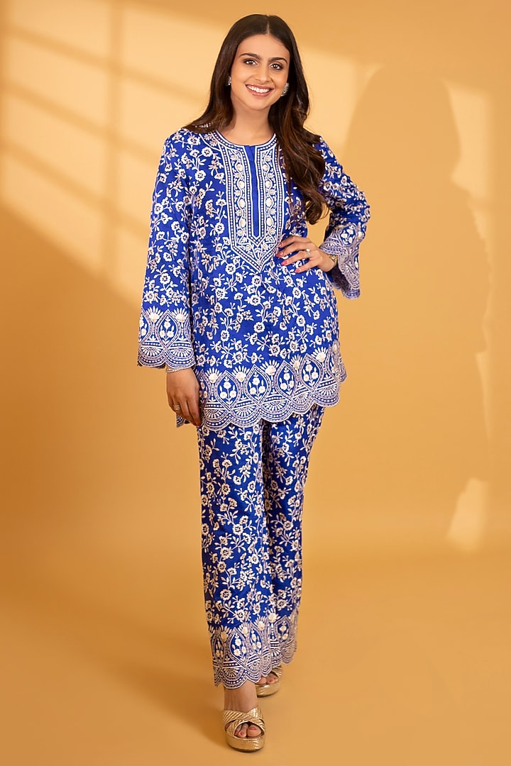 Iris Blue Crepe Silk Floral Embroidered Co-Ord Set by Ashtar at Pernia's Pop Up Shop