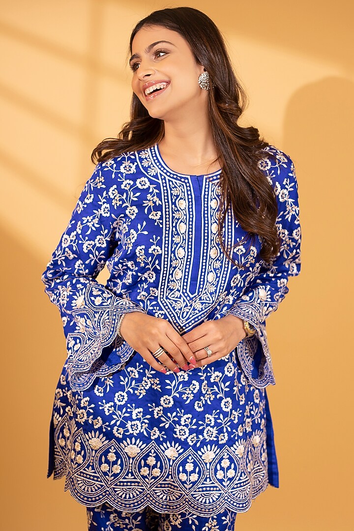 Iris Blue Crepe Silk Floral Embroidered Co-Ord Set by Ashtar at Pernia's Pop Up Shop