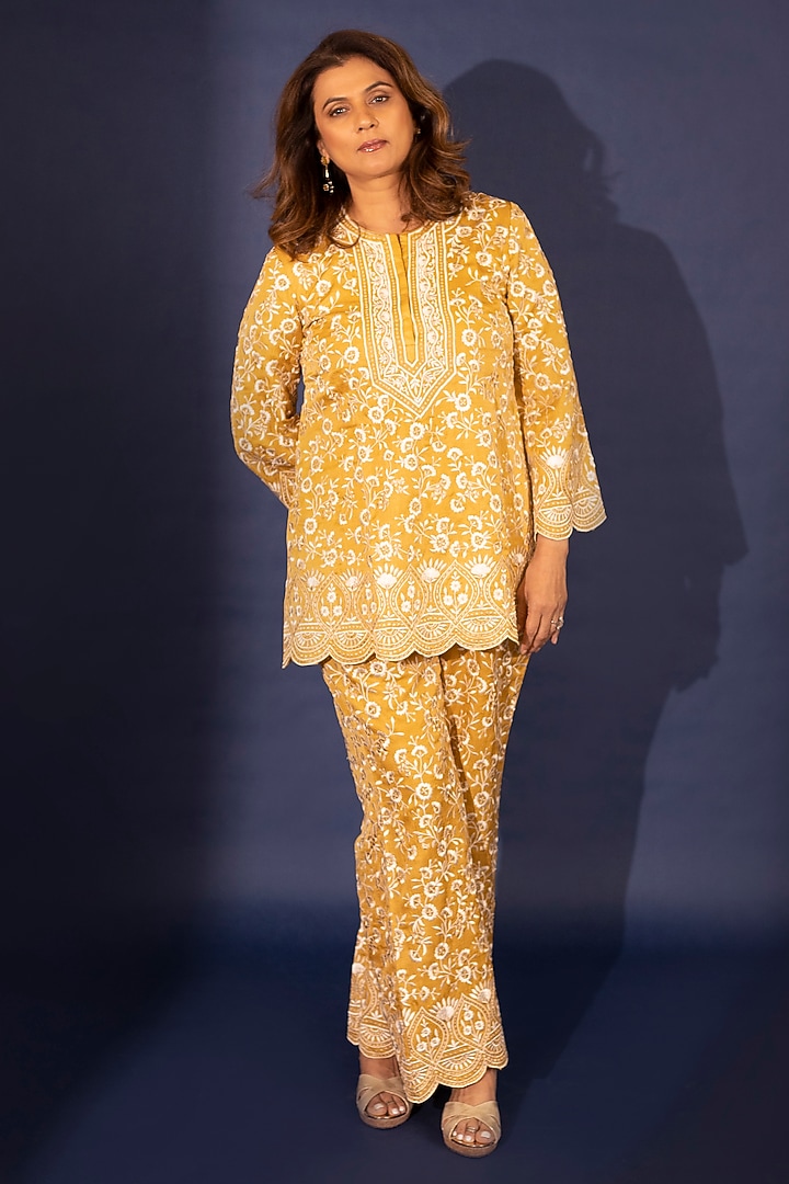 Marigold Crepe Silk Floral Embroidered Co-Ord Set by Ashtar at Pernia's Pop Up Shop