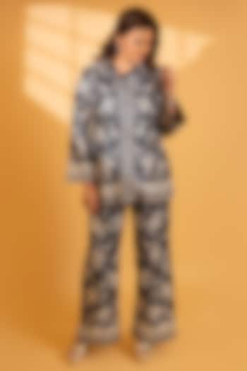 Midnight Blue Crepe Silk Parsi Gara Embroidered Co-Ord Set by Ashtar at Pernia's Pop Up Shop