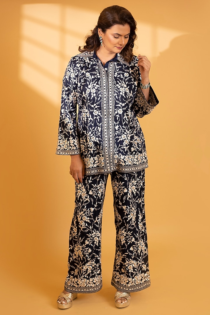 Midnight Blue Crepe Silk Parsi Gara Embroidered Co-Ord Set by Ashtar at Pernia's Pop Up Shop