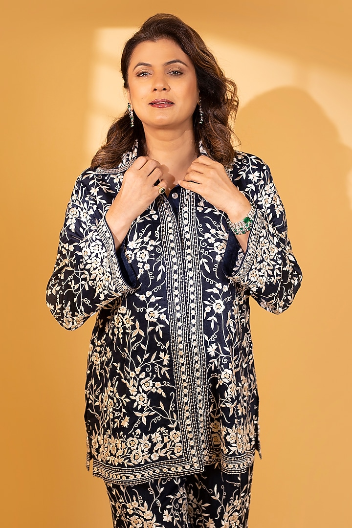 Midnight Blue Crepe Silk Parsi Gara Embroidered Co-Ord Set by Ashtar at Pernia's Pop Up Shop