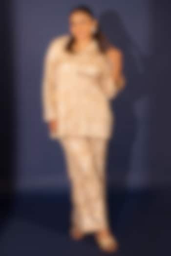 Sandstone Crepe Silk Parsi Gara Embroidered Co-Ord Set by Ashtar at Pernia's Pop Up Shop