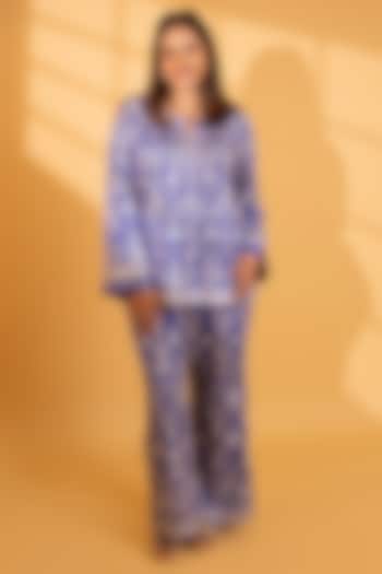 Iris Blue Dupion Silk Mukaish Hand Embroidered Co-Ord Set by Ashtar at Pernia's Pop Up Shop