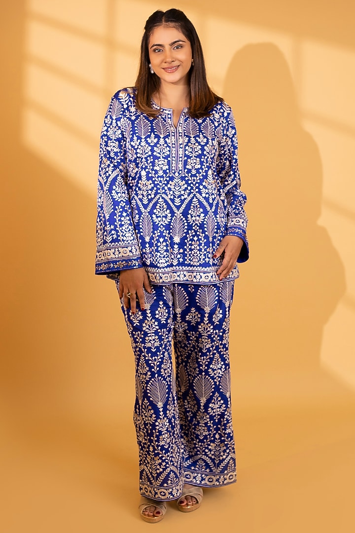Iris Blue Dupion Silk Mukaish Hand Embroidered Co-Ord Set by Ashtar at Pernia's Pop Up Shop