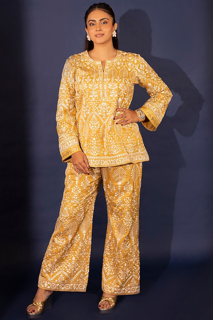 Marigold Dupion Silk Mukaish Hand Embroidered Co-Ord Set by Ashtar at Pernia's Pop Up Shop
