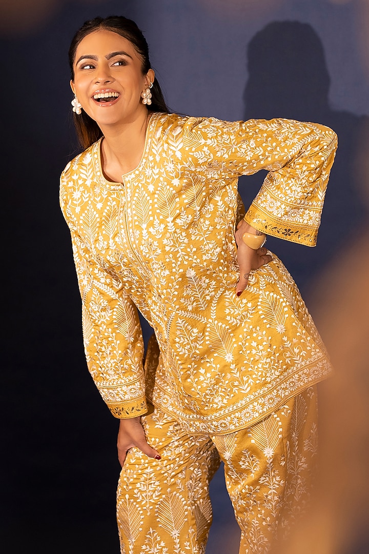 Marigold Dupion Silk Mukaish Hand Embroidered Co-Ord Set by Ashtar at Pernia's Pop Up Shop