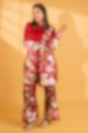 Crimson Red Crepe Silk Parsi Gara Embroidered Kurta Set by Ashtar at Pernia's Pop Up Shop