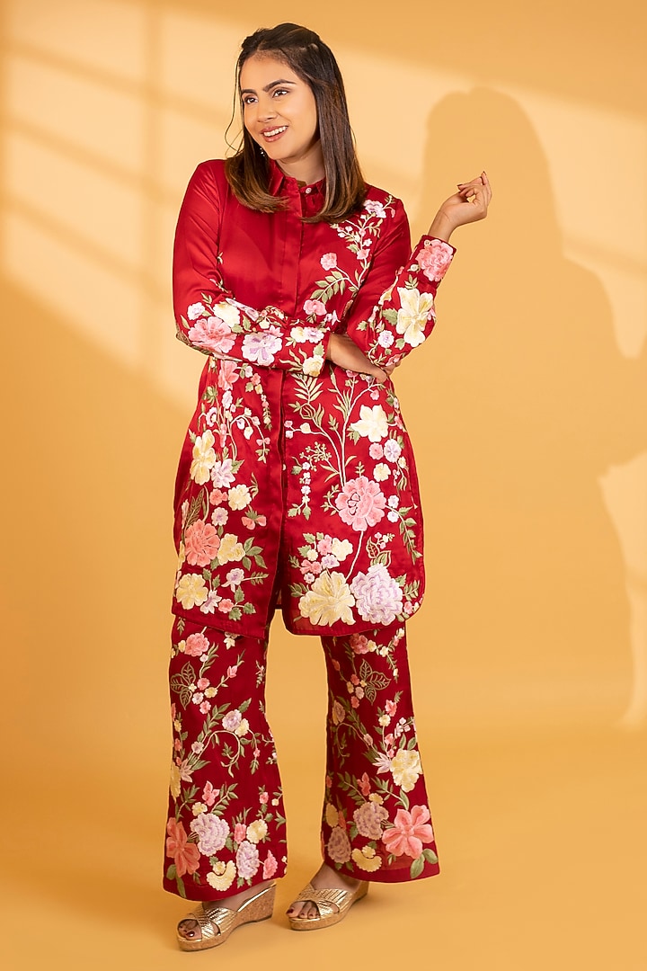 Crimson Red Crepe Silk Parsi Gara Embroidered Kurta Set by Ashtar at Pernia's Pop Up Shop